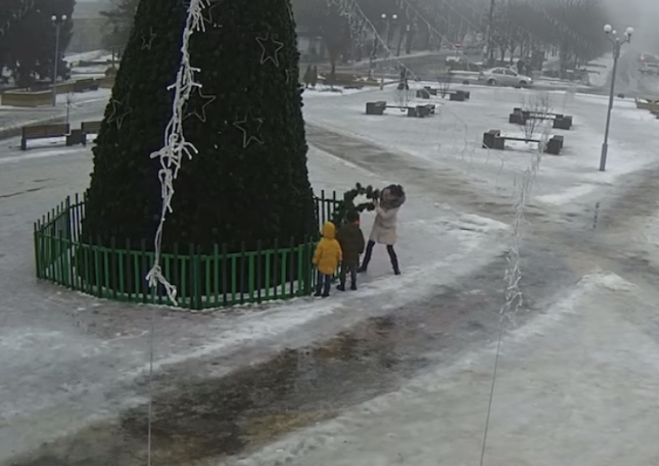 Васильевскую городскую ёлку повредила женщина на глазах у двоих детей: кадры с камеры видеонаблюдения